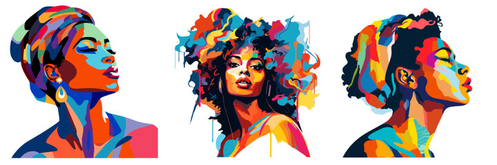 set of beautiful african american women vector illustration isolated transparent background logo, cut out or cutout t-shirt design
