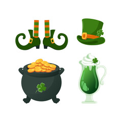 Set of St. Patricks Day symbols. Leprechaun top hat, gold cauldron, vintage shoes with buckles, feet in striped stockings. Green beer. Four leaf clover. good luck. Magic, religious traditions