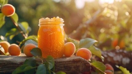 A jar of orange juice sitting on top of a tree stump. Suitable for various uses