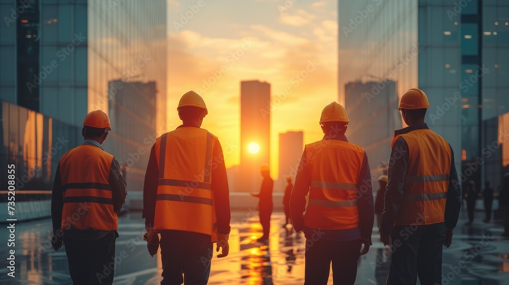 Poster the collaboration and teamwork of a group of civil engineers as they meet on a construction site in 