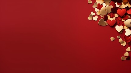 Golden heart-shaped confetti scattered on the left side of a minimalistic red background, providing ample space for text.