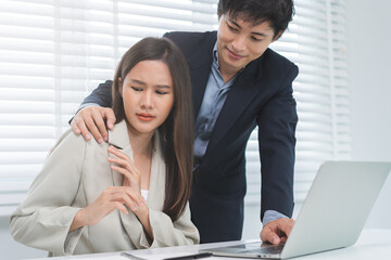 Unhappy, disgusted asian young employee, business woman defending hand of colleague, push out...