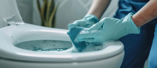 Person wearing a blue glove cleaning a toilet bowl with disinfectant and sponge at home - obrazy, fototapety, plakaty
