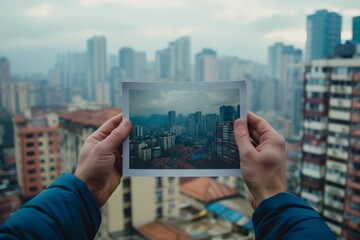 close up of hands holding photo with picture of city on city background, travel concept
