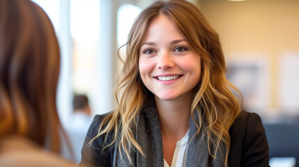 Professional interview setting, featuring a smiling female manager and an applicant, highlighting the dynamics of a positive job interview in an office environment.