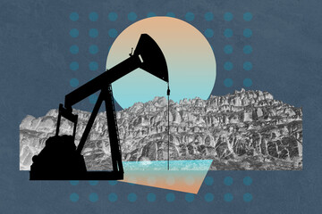 Funky collage with industrial oil rig. Art poster, template concept design or zine cover. Pump Jack.