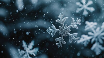 A detailed view of snow flakes resting on the branches of a tree. This image can be used to depict winter, cold weather, nature, or the beauty of snowfall