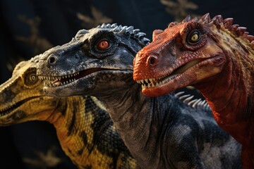 Two different colored dinosaurs in a close-up view. Suitable for educational purposes or children's...