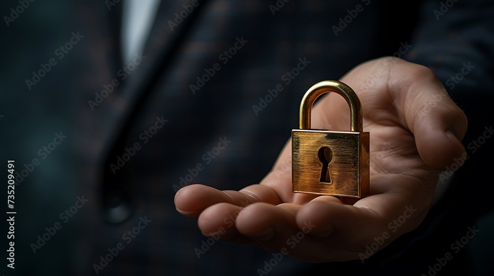 Poster cybersecurity concept business man shows how to protect cyber technology network from attack by hack