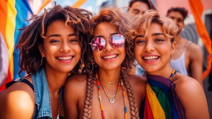 Diverse young group of friends with rainbow flags and banners during Gay Pride event, celebrating gay pride festival - LGBTQ community concept.