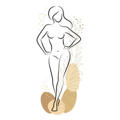 Silhouette of a cute lady and leaves of a plant. The girl is standing. The woman has a beautiful naked figure. She is young and slim. Vector illustration.