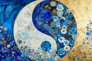 Yin Yang style illustration with gold, intricate blue flowers decoration - Generative AI