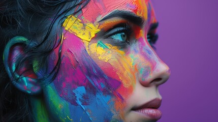 Woman in Colorful Paint on Purple Background