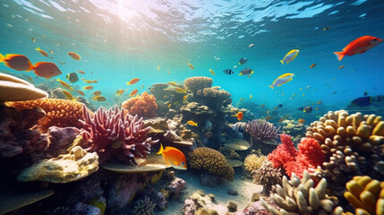 Obraz premium Marine life, Vibrant underwater scene with a school of tropical fish swimming among colorful coral under the dappled sunlight of the ocean surface.