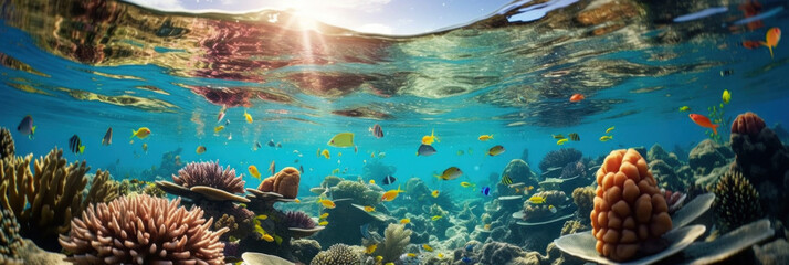 Fototapeta na wymiar Marine life, Vibrant underwater scene with a school of tropical fish swimming among colorful coral under the dappled sunlight of the ocean surface.