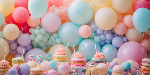 "Sweet Celebrations: Happy Birthday Balloons Amidst a Sweets Background"



