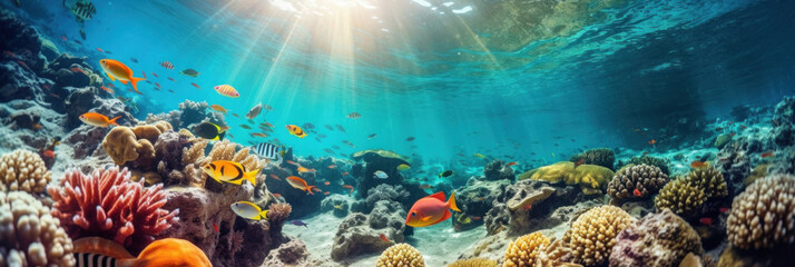 Marine life, Vibrant underwater scene with a school of tropical fish swimming among colorful coral under the dappled sunlight of the ocean surface. - obrazy, fototapety, plakaty