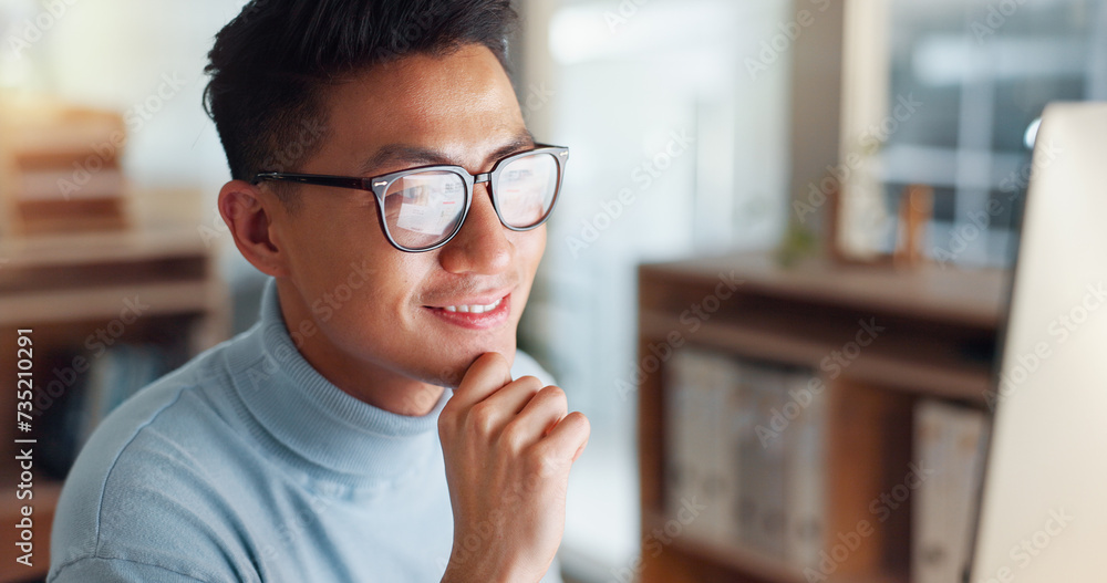 Poster asian man at computer, glasses and ideas, thinking and reading email, web review or article at digit