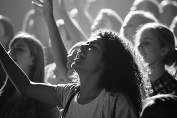 Capturing divine moments: church worship concept Christians, raised hands, earnestly pray and worship to cross in the sacred ambiance of a church building, expressing faith and spiritual connection.