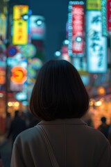 Fototapeta premium Elegant woman with a chic short hairstyle in the lights of the night city