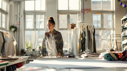 A fashionable woman stands in a well-stocked clothing shop, surrounded by racks of garments and a table full of accessories, gazing out the window at the bustling city below as she contemplates her n