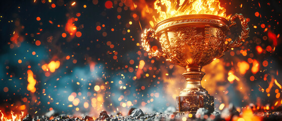Victorious moment captured with a shiny gold trophy against a dark background, symbolizing success, achievement, and the culmination of competition