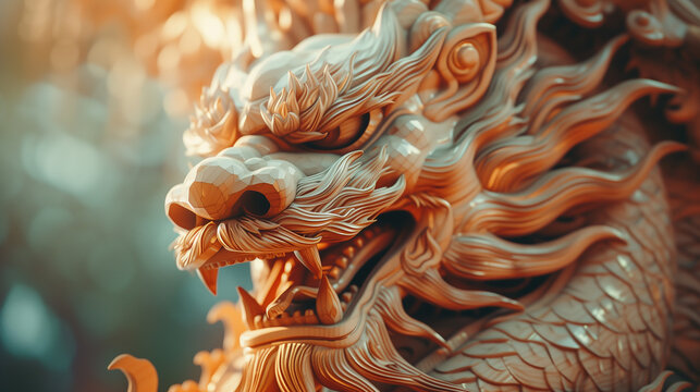 A captivating image capturing the intricate beauty of a Chinese dragon meticulously carved in wood, symbolizing the majestic spirit of the Lunar New Year in the Year of the Dragon.
