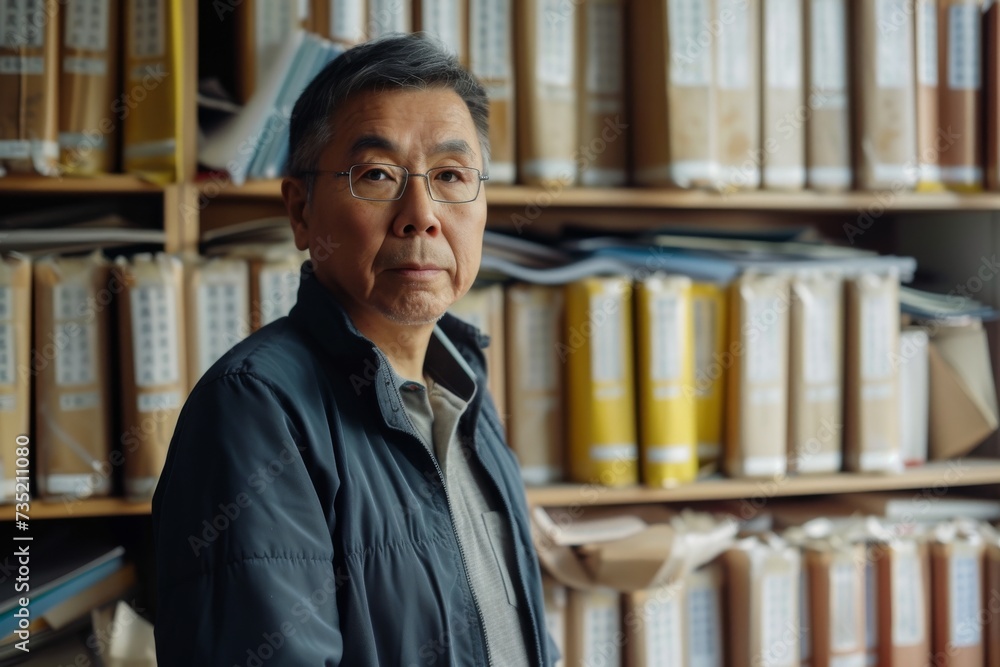 Poster a bespectacled man in a library, surrounded by shelves of books and files, contemplates the weight o