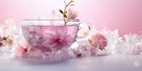 Transparent cup with purple tea with flowers on a white table.
