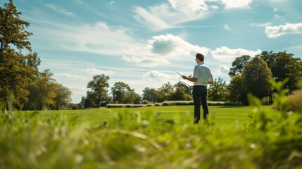A solitary figure immerses himself in the peacefulness of nature, book in hand, surrounded by a vast expanse of green grass and towering trees under a serene summer sky