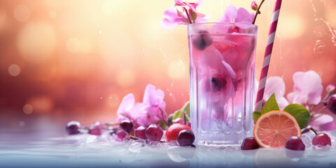Glass of purple berry lemonade or cocktail with ice and pink flowers on a water reflective surface. Alcoholic and non-alcoholic drinks spring banner layout.