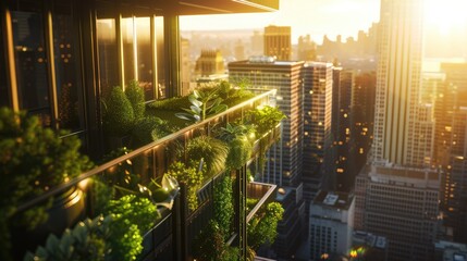 Naklejka premium Generative AI, Rooftop garden in a high-rise building, Urban Farming, Green Spaces, Sustainable Living, Eco-Friendly, Skyline