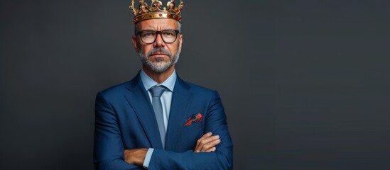 Confident man with stylish eyewear and golden crown posing for portrait in royal attire