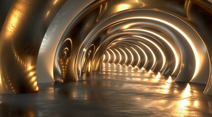 A futuristic tunnel with golden light rings generated by ai