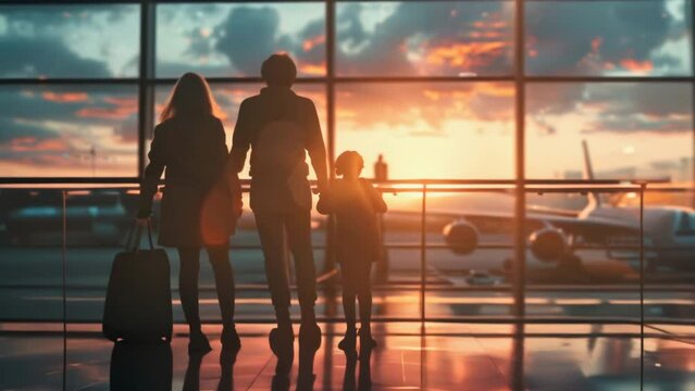 Airport Terminal: Silhouette of happy family wait for departure at airport lounge room together before vacation. Adventure concept. People look out of Window for Arriving Airplanes. Flight Boarding.