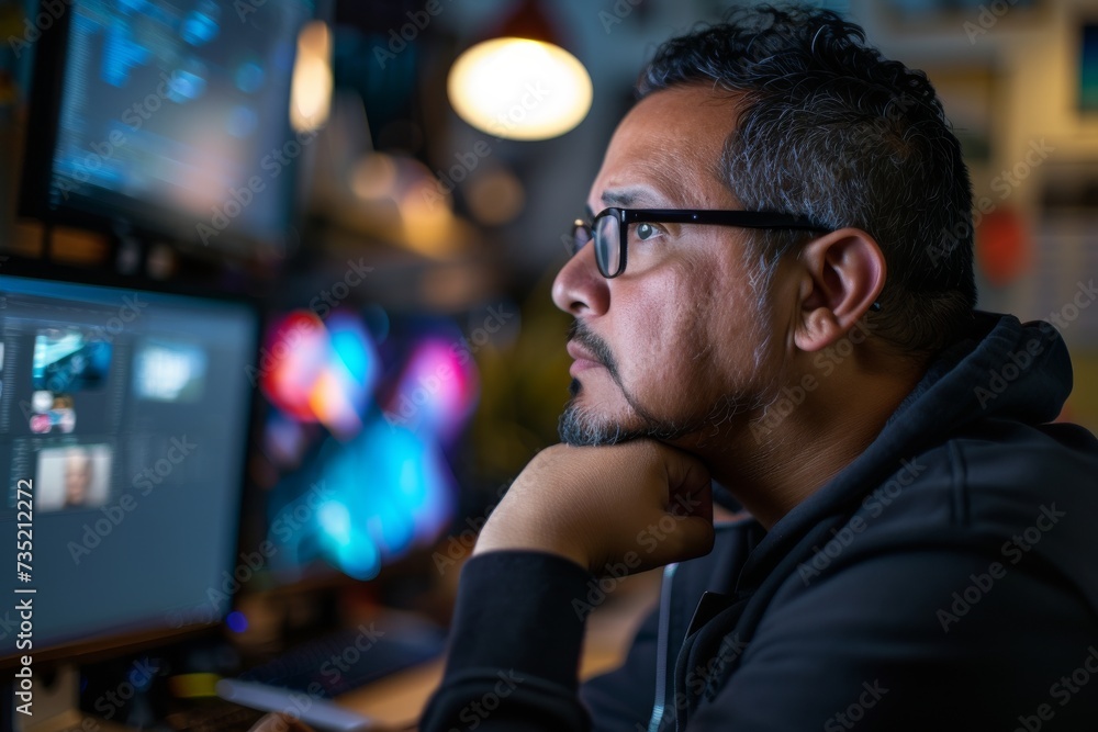 Poster A focused man with glasses stares intently at his computer screen, his face illuminated by the display device as he navigates the digital world in his indoor workspace