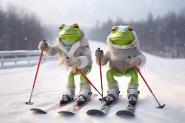 frog couple posing with ski equipment