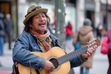 A stylish man captivates the streets with his soulful guitar melodies, adorned in a fedora and sun...