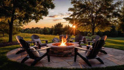 Stone patio round fire pit with chairs. Stylish, cosy backyard retreat for relaxing evenings with family and friends around the warm flame