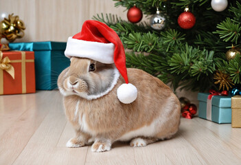 An adorable bunny wearing a Santa hat beside a festive Christmas tree