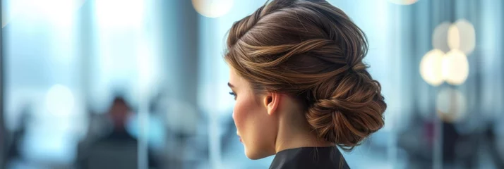 Rolgordijnen Exquisite bun hairstyle in a modern office © Ivy