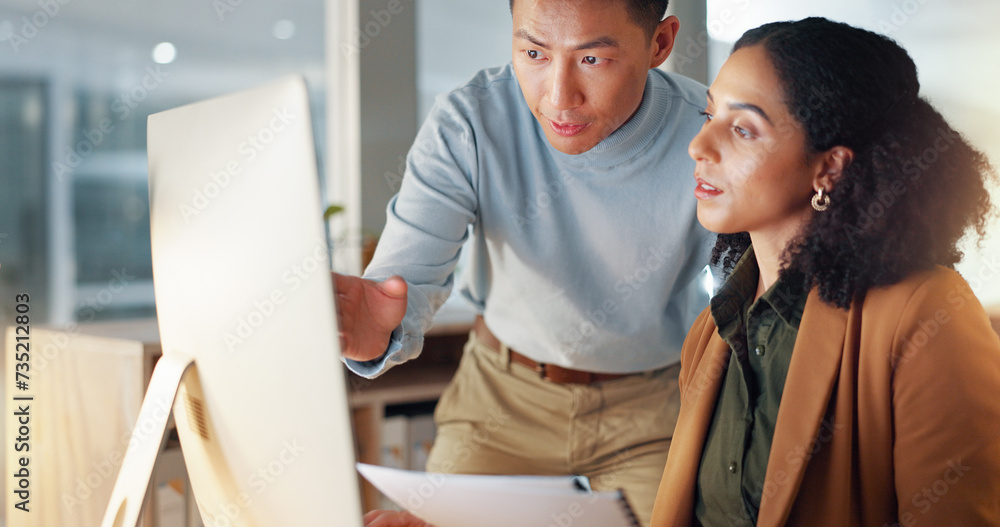 Canvas Prints Business people, documents and coaching in schedule planning, project or strategy together at office. Man giving paperwork to woman for review, plan or tasks on computer in team research at workplace