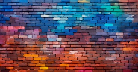 red brick wall painted in rainbow colors