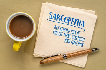 sarcopenia - age related loss of muscle mass, strength and function, note on a napkin, aging, health and fitness concept