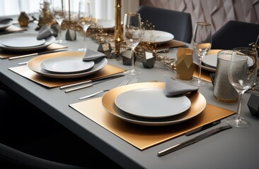 the table setting is set with gold, gray and place settings for a dinner