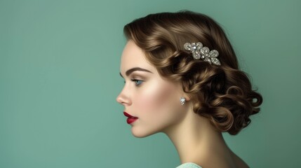 A woman with an elegant Retro Wave hairstyle and diamond hair accessory