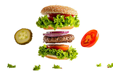 Delicious hamburger or Cheeseburger floating in the air isolated on background, junk food delivery,...