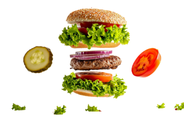 Delicious hamburger or Cheeseburger floating in the air isolated on background, junk food delivery, fast food with high calories.