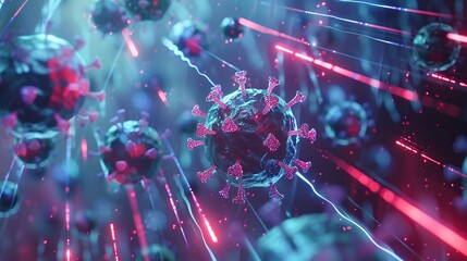 wallpaper with virus, blue colors, virus cell, transparent, glowing red lines , neon --ar 16:9 --v 6 Job ID: d647a260-381d-49b3-82d5-d98c5f1dc21b