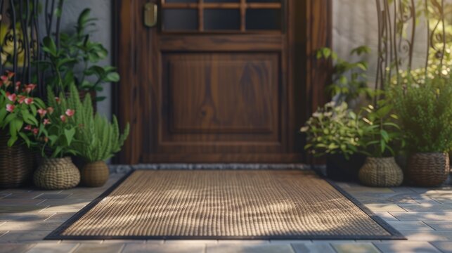 The front door with a mat and flower beds conveys the coziness and hospitality of the home. The photograph can be used in real estate advertising, interior design, or magazines dedicated.